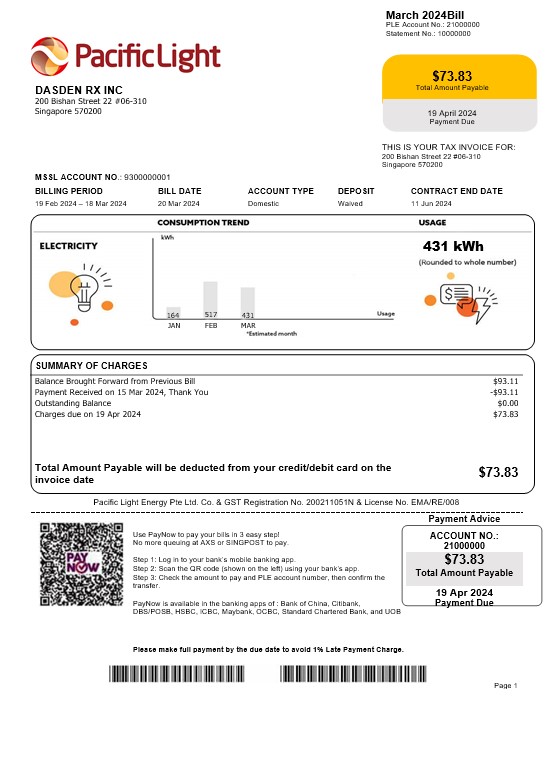 Singapore Pacific Light electricity business utility bill template in Word and PDF formats